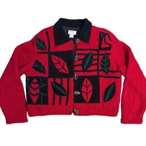 Minnie’s Closet VTG Leaf Sweater Cropped Leather Funky Eccentric Red Size Large